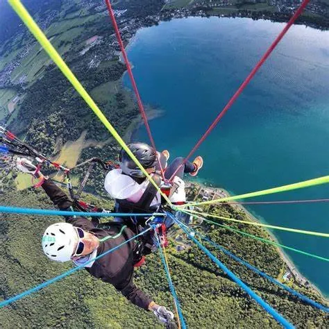 Paraglider pilot seen from above with the lake below